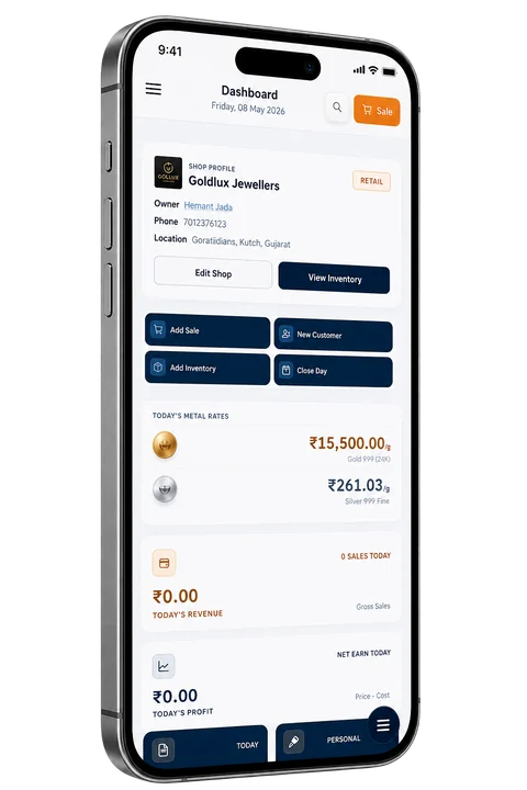 Phone mockup illustrating the JewelFlows Retail mobile dashboard