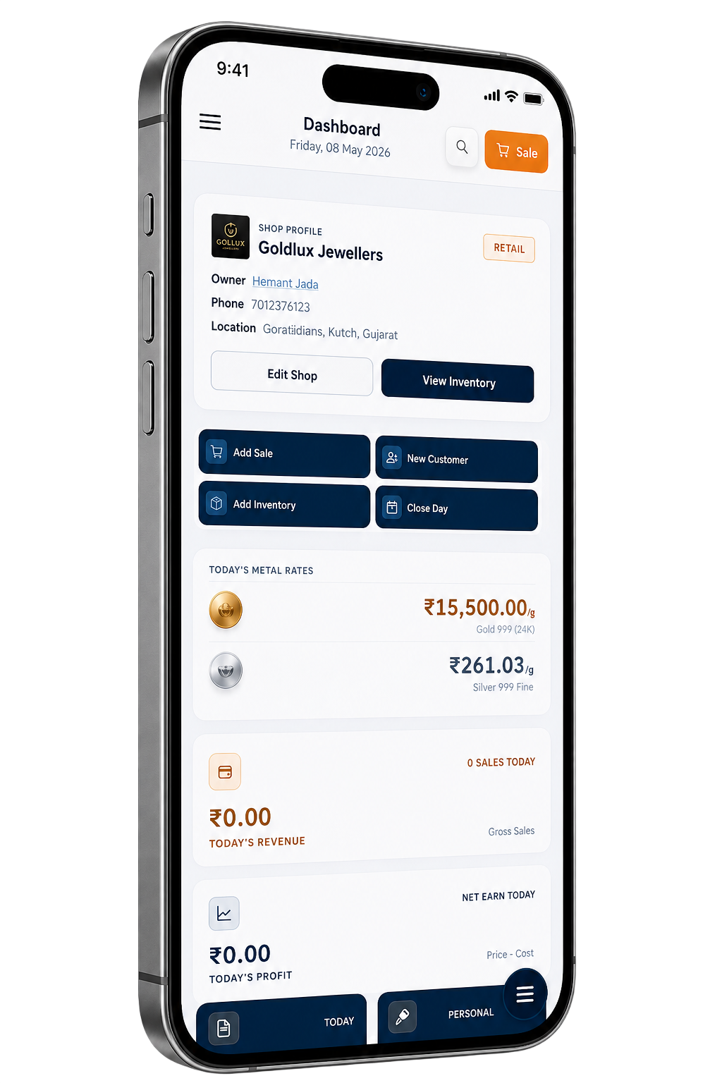 JewelFlows mobile dashboard view